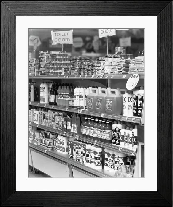Framed Print : Cleaning products on supermarket shelves, 1966. Artist: Michael Walters Framed Print : Cleaning products on supermarket shelves, 1966. Artist: Michael Walters
