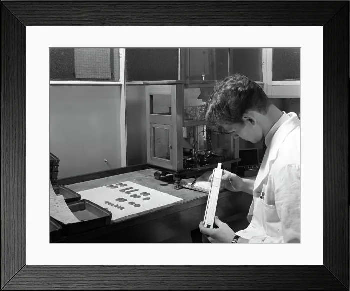 Framed Print : Lab technician with a slide rule, Edgar Allens steel foundry, Sheffield, South Yorkshire, 1962 Framed Print : Lab technician with a slide rule, Edgar Allens steel foundry, Sheffield, South Yorkshire, 1962