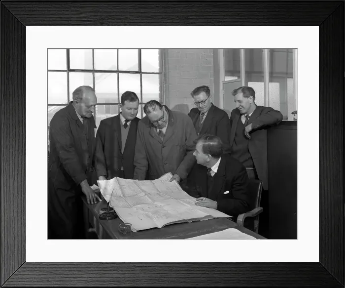Framed Print : A group of foundry staff with technical drawings, Sheffield, South Yorkshire, 1963 Framed Print : A group of foundry staff with technical drawings, Sheffield, South Yorkshire, 1963