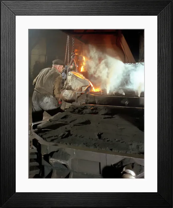 Framed Print : Pouring molten metal from a cupola into moulds, steel bath production, Hull, Humberside, 1965 Framed Print : Pouring molten metal from a cupola into moulds, steel bath production, Hull, Humberside, 1965