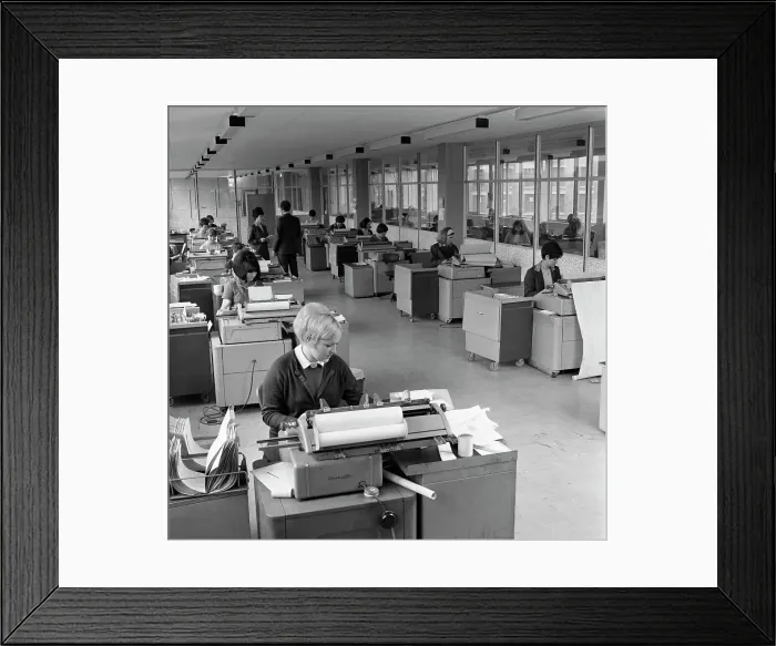 Framed Print : The administration office at Huntsman House, Tetleys headquarters in Leeds, May 1968 Framed Print : The administration office at Huntsman House, Tetleys headquarters in Leeds, May 1968