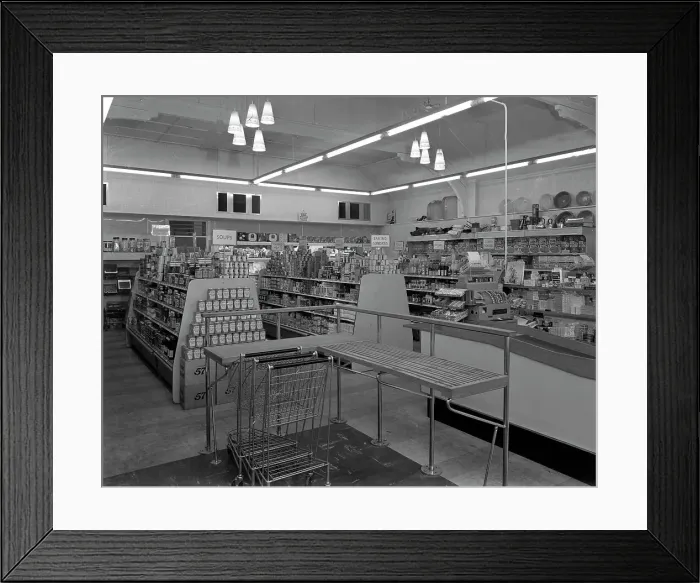Framed Print : Interior of the Dodworth Road Co-op, Barnsley, South Yorkshire, 1957 Framed Print : Interior of the Dodworth Road Co-op, Barnsley, South Yorkshire, 1957