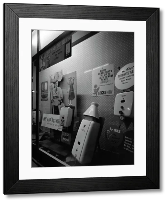 Framed Print : Gas water heaters display, East Midlands Gas Board showroom, Rotherham, South Yorkshire, 1961 Framed Print : Gas water heaters display, East Midlands Gas Board showroom, Rotherham, South Yorkshire, 1961