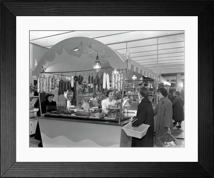 Framed Print : New Co-op central butchers department, Barnsley, South Yorkshire, 1957. Artist Framed Print : New Co-op central butchers department, Barnsley, South Yorkshire, 1957. Artist