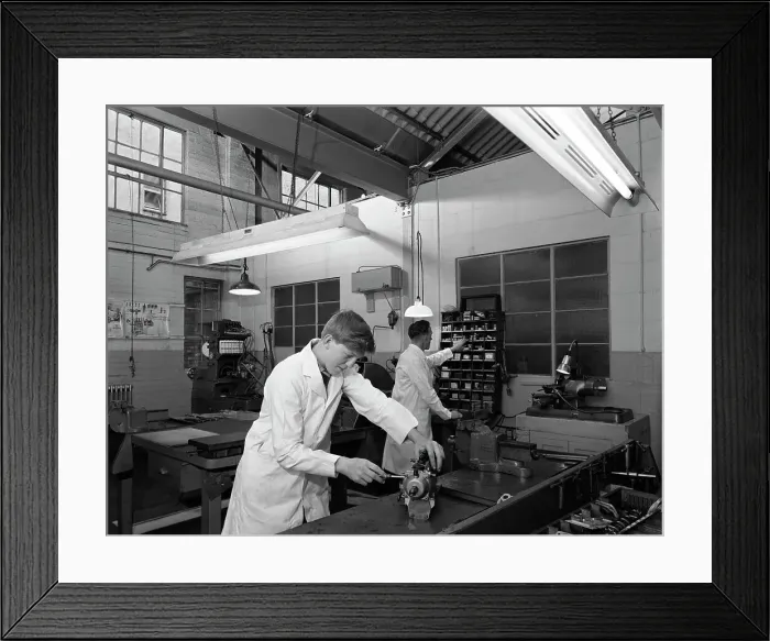 Framed Print : Apprentice at work, Globe & Simpson auto electrical workshop, Nottingham, Nottinghamshire, 1961 Framed Print : Apprentice at work, Globe & Simpson auto electrical workshop, Nottingham, Nottinghamshire, 1961