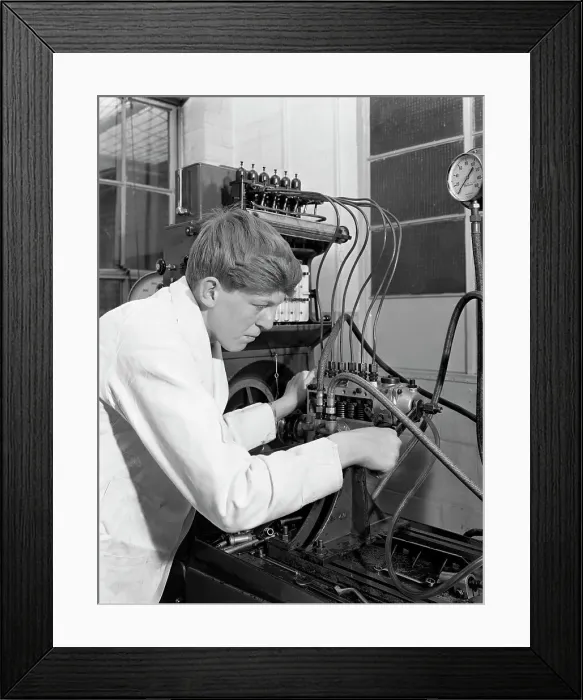 Framed Print : Apprentice at work, Globe & Simpson auto electrical workshop, Nottingham, Nottinghamshire, 1961 Framed Print : Apprentice at work, Globe & Simpson auto electrical workshop, Nottingham, Nottinghamshire, 1961