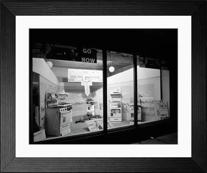 Framed Print : East Midlands Gas Board shop window cooker display, Dronfield, Derbyshire, 1961. Artist Framed Print : East Midlands Gas Board shop window cooker display, Dronfield, Derbyshire, 1961. Artist
