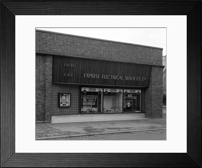 Framed Print : Express Electrical Services shop front, Plymouth, Devon, 1961. Artist: Michael Walters Framed Print : Express Electrical Services shop front, Plymouth, Devon, 1961. Artist: Michael Walters