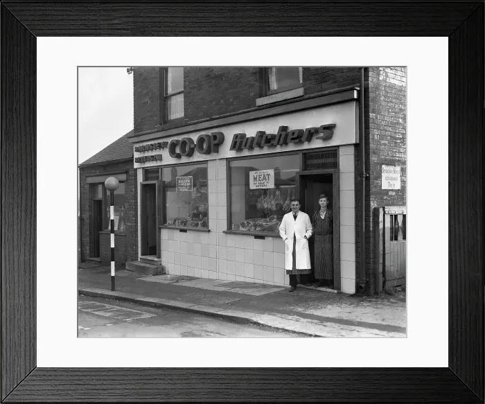 Framed Print : End of rationing, meat and bacon on sale at the Barnsley Co-op butchers, South Yorkshire, 1954 Framed Print : End of rationing, meat and bacon on sale at the Barnsley Co-op butchers, South Yorkshire, 1954