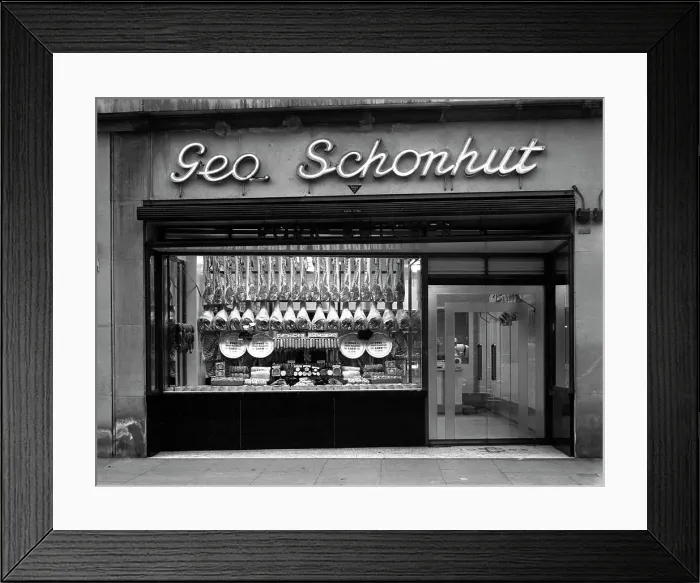 Framed Print : Window of George Schonhuts butchers shop, Barnsley, South Yorkshire, 1955. Artist Framed Print : Window of George Schonhuts butchers shop, Barnsley, South Yorkshire, 1955. Artist