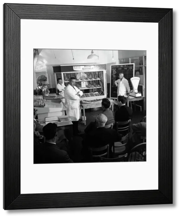 Framed Print : Butcher from Danish Bacon giving a demonstration, Kilnhurst, South Yorkshire, 1961 Framed Print : Butcher from Danish Bacon giving a demonstration, Kilnhurst, South Yorkshire, 1961