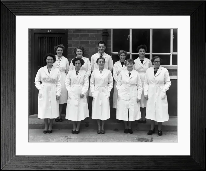 Framed Print : Staff from Schonhuts butchery factory, Rawmarsh, South Yorkshire, 1955. Artist Framed Print : Staff from Schonhuts butchery factory, Rawmarsh, South Yorkshire, 1955. Artist