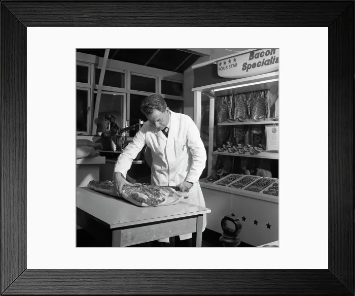 Framed Print : Butcher from Danish Bacon giving a demonstration, Kilnhurst, South Yorkshire, 1961 Framed Print : Butcher from Danish Bacon giving a demonstration, Kilnhurst, South Yorkshire, 1961