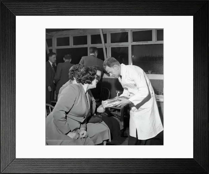 Framed Print : Butcher from Danish Bacon giving a demonstration, Kilnhurst, South Yorkshire, 1961 Framed Print : Butcher from Danish Bacon giving a demonstration, Kilnhurst, South Yorkshire, 1961