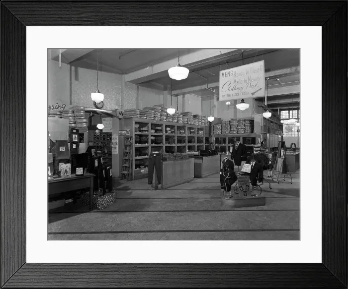 Framed Print : Interior of the Barnsley Co-op central mens tailoring department, South Yorkshire, 1959 Framed Print : Interior of the Barnsley Co-op central mens tailoring department, South Yorkshire, 1959