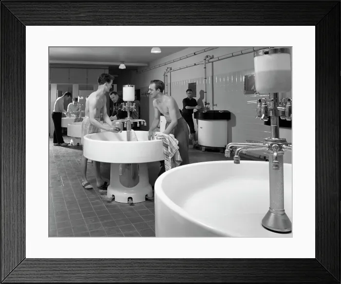 Framed Print : Workers in the washroom facility at a steelworks, Rotherham, South Yorkshire, 1964 Framed Print : Workers in the washroom facility at a steelworks, Rotherham, South Yorkshire, 1964