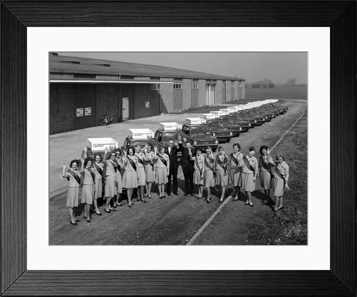Framed Print : Australian sales girls in front of a fleet of 1965 Hillman Imps, Selby, North Yorkshire, 1965 Framed Print : Australian sales girls in front of a fleet of 1965 Hillman Imps, Selby, North Yorkshire, 1965