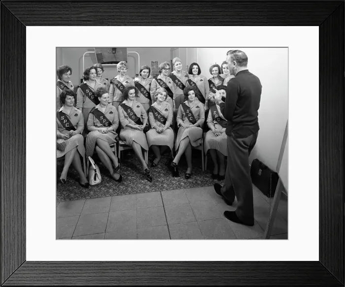 Framed Print : Australian sales girls with SPL sashes listen to a sales talk, Selby, North Yorkshire, 1965 Framed Print : Australian sales girls with SPL sashes listen to a sales talk, Selby, North Yorkshire, 1965