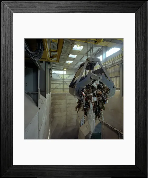 Framed Print : Waste ready for incineration in giant crane grab jaws, St Helier, Jersey, 1980. Artist Framed Print : Waste ready for incineration in giant crane grab jaws, St Helier, Jersey, 1980. Artist