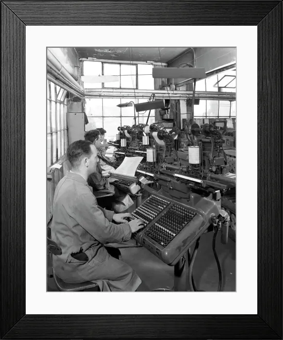 Framed Print : Monotype keyboards in operation at a printing company, Mexborough, South Yorkshire, 1959 Framed Print : Monotype keyboards in operation at a printing company, Mexborough, South Yorkshire, 1959