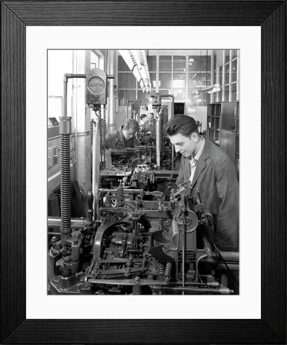 Framed Print : Monotype casting machine at a printing company, Mexborough, South Yorkshire, 1959 Framed Print : Monotype casting machine at a printing company, Mexborough, South Yorkshire, 1959