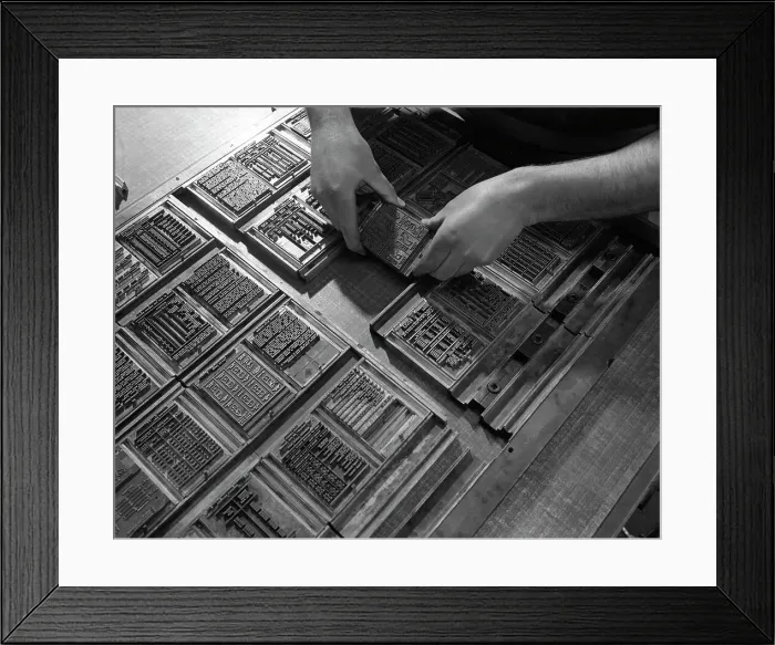 Framed Print : Linotype block being set in the dye at a printworks, Mexborough, South Yorkshire, 1959 Framed Print : Linotype block being set in the dye at a printworks, Mexborough, South Yorkshire, 1959