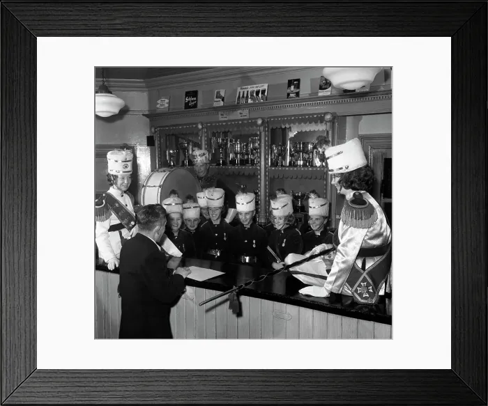 Framed Print : Informal shot of a female marching band, Horden, County Durham, 1963 Framed Print : Informal shot of a female marching band, Horden, County Durham, 1963