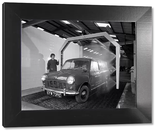Mini van being washed in a car wash, Co-op garage, Scunthorpe, Lincolnshire, 1965