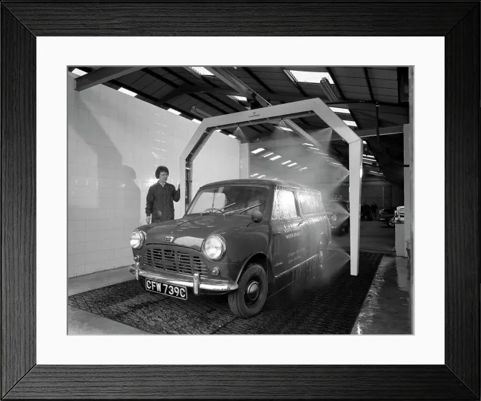Framed Print : Mini van being washed in a car wash, Co-op garage, Scunthorpe, Lincolnshire, 1965 Framed Print : Mini van being washed in a car wash, Co-op garage, Scunthorpe, Lincolnshire, 1965
