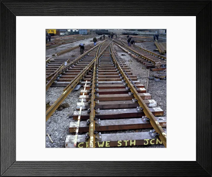 Framed Print : Engineers fabricating a rail junction for the Crewe South Junction before delivery, 1977 Framed Print : Engineers fabricating a rail junction for the Crewe South Junction before delivery, 1977