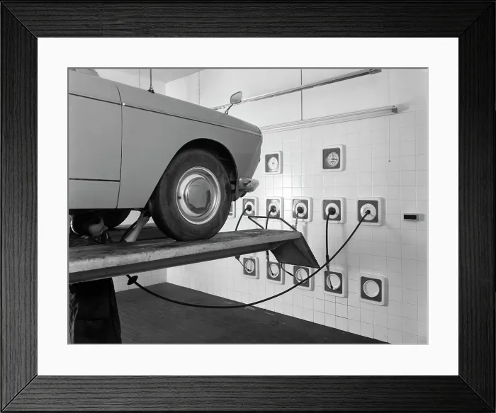 Framed Print : A traditional lubrication bay and mechanic at a garage, Sheffield, South Yorkshire, 1965