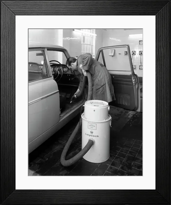 Framed Print : Laycock Vacacar vacuum cleaner in use at an Esso garage, Sheffield, South Yorkshire, 1965 Framed Print : Laycock Vacacar vacuum cleaner in use at an Esso garage, Sheffield, South Yorkshire, 1965