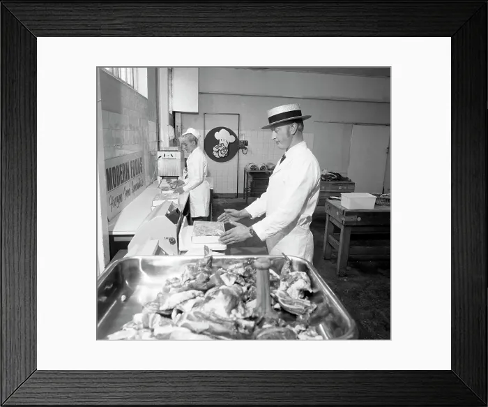 Framed Print : Meat packing at a South Yorkshire meat processing company, 1972. Artist: Michael Walters Framed Print : Meat packing at a South Yorkshire meat processing company, 1972. Artist: Michael Walters