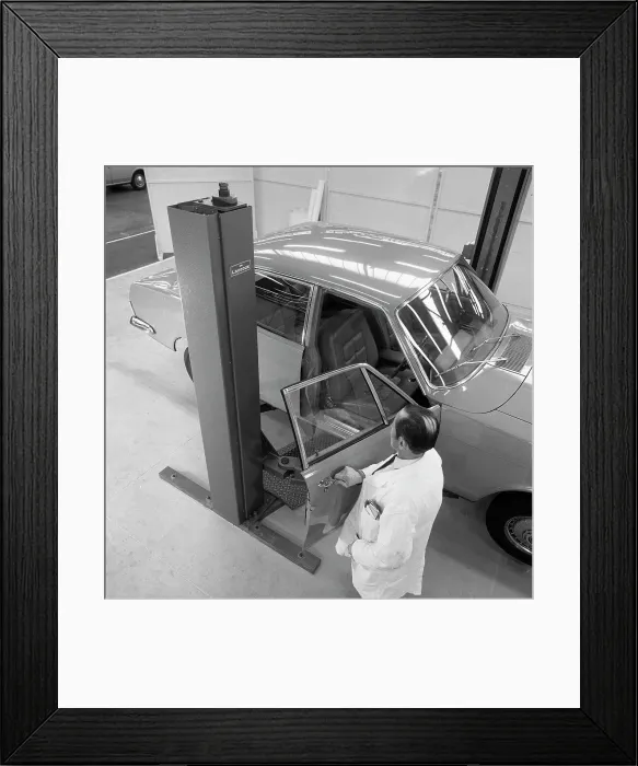 Framed Print : Ford Zodiac on an assymetric lift, Sheffield, South Yorkshire, 1972 Framed Print : Ford Zodiac on an assymetric lift, Sheffield, South Yorkshire, 1972
