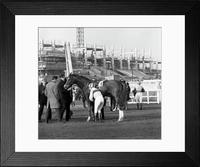 Framed Print : Racehorse and jockey in front of Doncaster Racecourse grandstand, South Yorkshire, 1969 Framed Print : Racehorse and jockey in front of Doncaster Racecourse grandstand, South Yorkshire, 1969