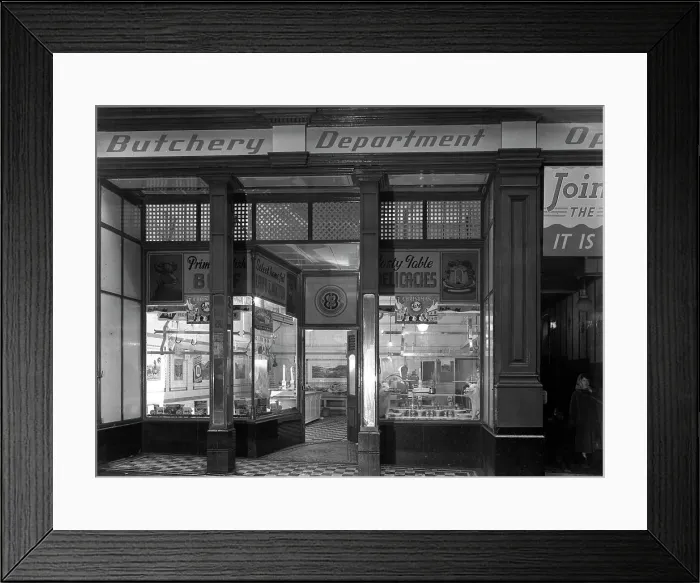Framed Print : Exterior of the Butchery Department, Barnsley Co-op, South Yorkshire, 1956. Artist Framed Print : Exterior of the Butchery Department, Barnsley Co-op, South Yorkshire, 1956. Artist