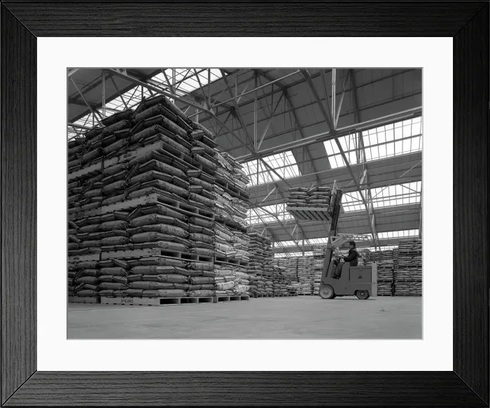 Framed Print : Warehouse scene with forklift truck, Spillers Foods, Gainsborough, Lincolnshire, 1961 Framed Print : Warehouse scene with forklift truck, Spillers Foods, Gainsborough, Lincolnshire, 1961