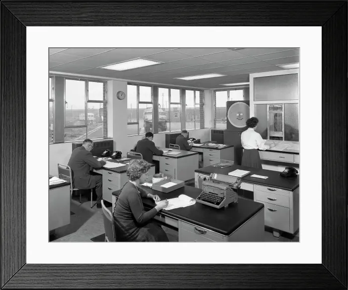Framed Print : Weighbridge office scene, Spillers foods, Gainsborough, Lincolnshire, 1961. Artist Framed Print : Weighbridge office scene, Spillers foods, Gainsborough, Lincolnshire, 1961. Artist