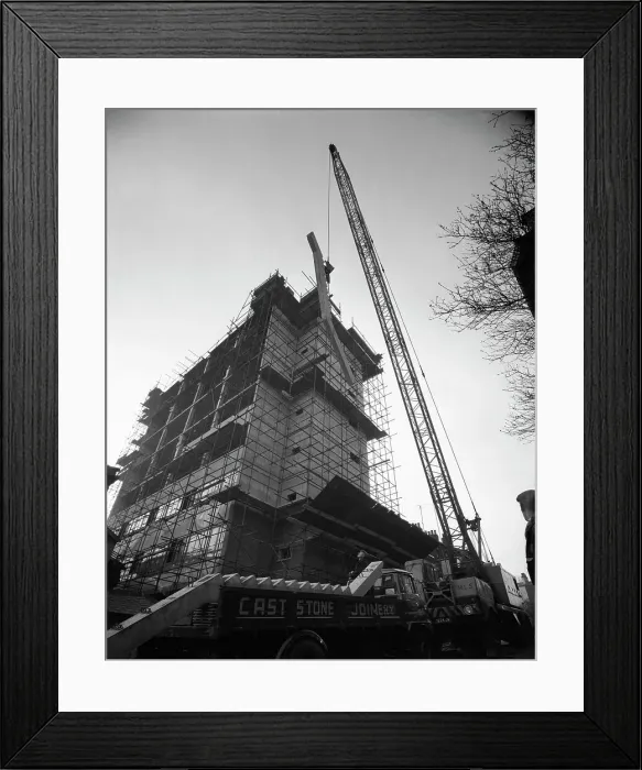 Framed Print : Crane lifting staircase carriageways into a new office building, Sheffield, South Yorkshire, 1961 Framed Print : Crane lifting staircase carriageways into a new office building, Sheffield, South Yorkshire, 1961
