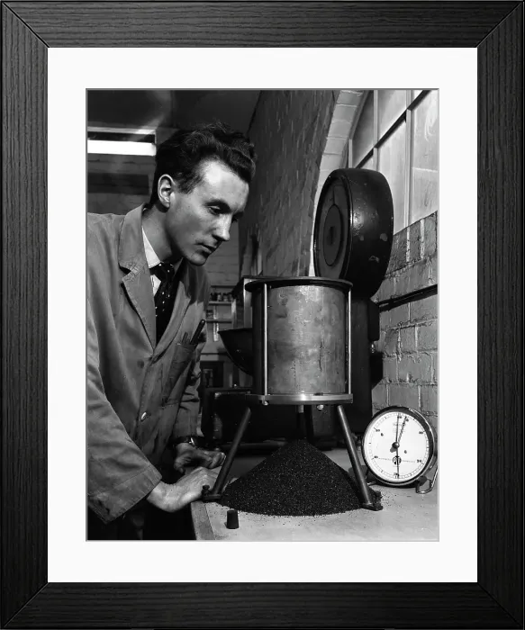 Framed Print : A lab technician undertaking a coal flow test, Mapperley Colliery, Derbyshire, 1962 Framed Print : A lab technician undertaking a coal flow test, Mapperley Colliery, Derbyshire, 1962