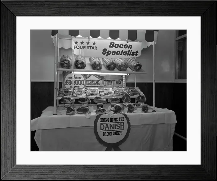 Framed Print : Danish Bacon pre packed meat display, Kilnhurst, South Yorkshire, 1963 Framed Print : Danish Bacon pre packed meat display, Kilnhurst, South Yorkshire, 1963