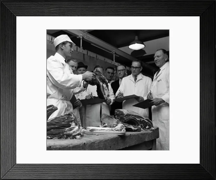 Framed Print : Apprentice butcher showing his work to competition judges, Barnsley, South Yorkshire, 1963 Framed Print : Apprentice butcher showing his work to competition judges, Barnsley, South Yorkshire, 1963