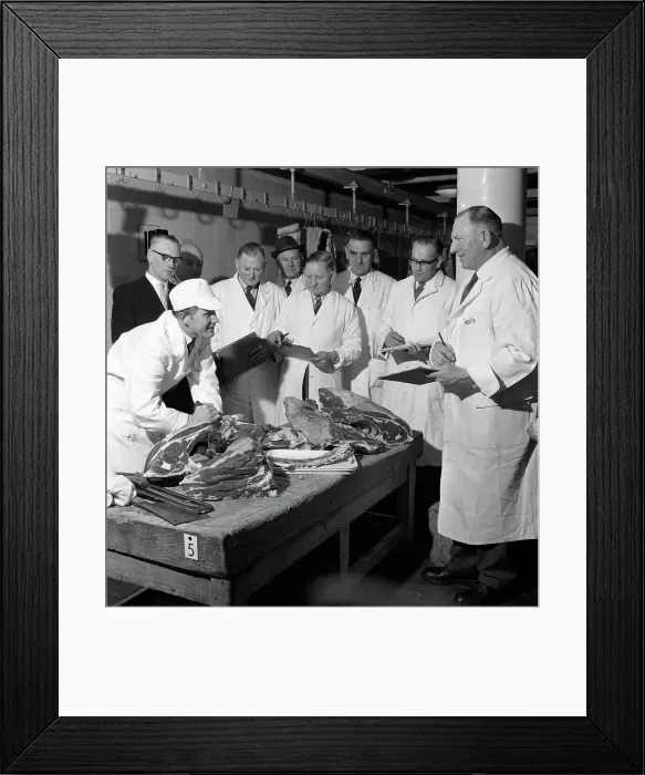 Framed Print : Apprentice butcher showing his work to competition judges, Barnsley, South Yorkshire, 1963 Framed Print : Apprentice butcher showing his work to competition judges, Barnsley, South Yorkshire, 1963
