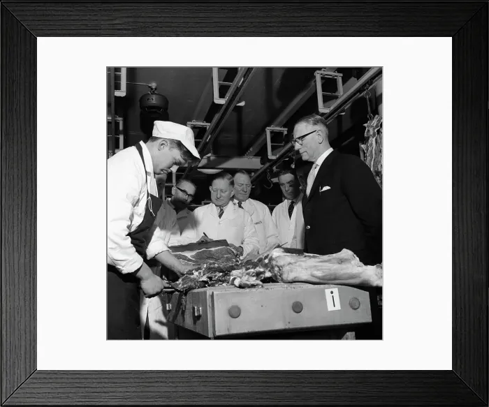 Framed Print : Apprentice butcher showing his work to competition judges, Barnsley, South Yorkshire, 1963 Framed Print : Apprentice butcher showing his work to competition judges, Barnsley, South Yorkshire, 1963
