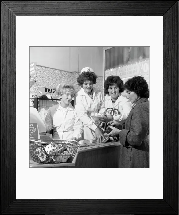 Framed Print : Checkout girls at a supermarket opening, Broughs Ltd, Thurnscoe, South Yorkshire, 1963 Framed Print : Checkout girls at a supermarket opening, Broughs Ltd, Thurnscoe, South Yorkshire, 1963