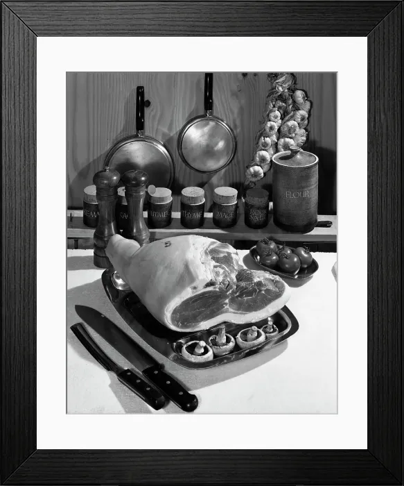 Framed Print : Danish Bacon gammon joint with spice jars, 1963. Artist: Michael Walters Framed Print : Danish Bacon gammon joint with spice jars, 1963. Artist: Michael Walters