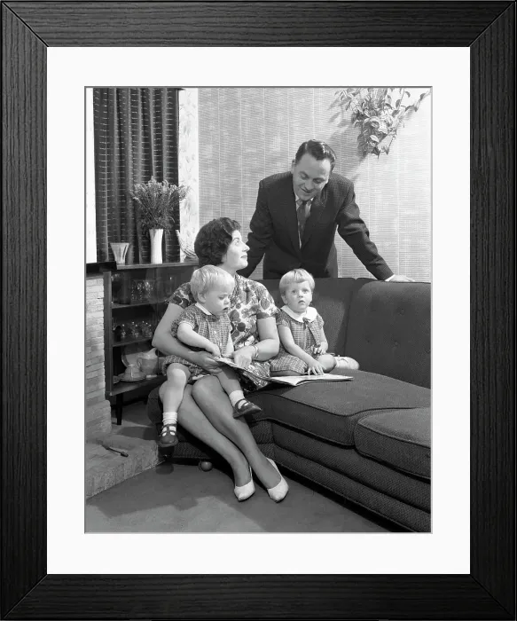Framed Print : Family group looking at a brochure, Doncaster, South Yorkshire, 1963 Framed Print : Family group looking at a brochure, Doncaster, South Yorkshire, 1963