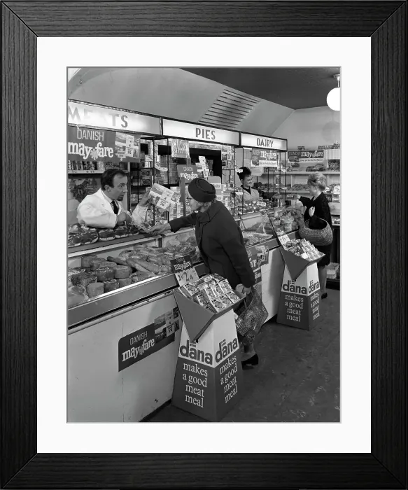 Framed Print : Danish Bacon May Fare shop display, Wath upon Dearne, South Yorkshire, 1964. Artist Framed Print : Danish Bacon May Fare shop display, Wath upon Dearne, South Yorkshire, 1964. Artist