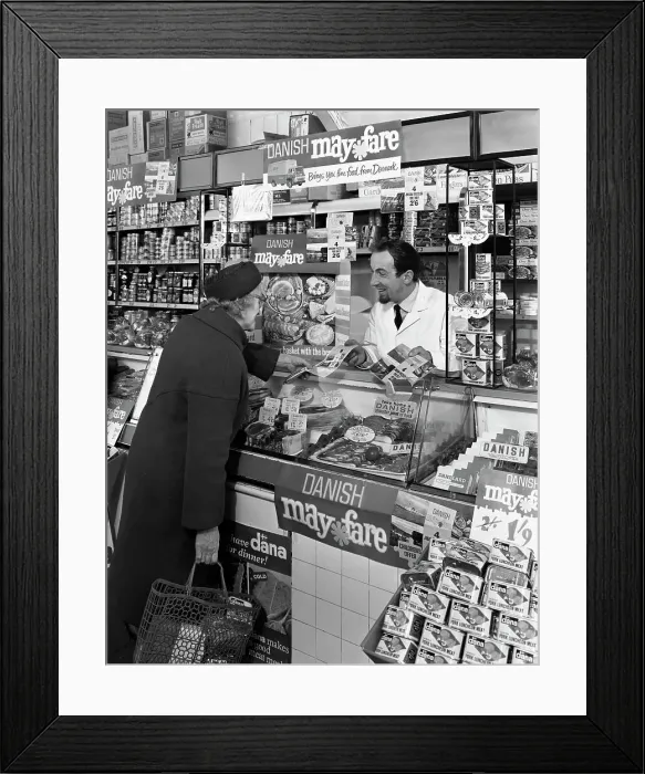 Framed Print : Danish Bacon May Fare shop display, Wath upon Dearne, South Yorkshire, 1964. Artist