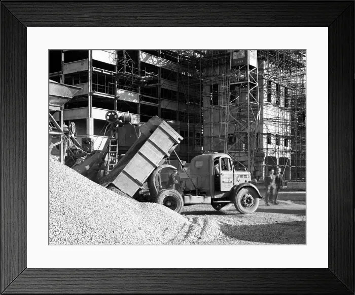 Framed Print : Early 1950s Bedford M Tipper delivering aggregates to a building site, South Yorkshire, July 1954 Framed Print : Early 1950s Bedford M Tipper delivering aggregates to a building site, South Yorkshire, July 1954